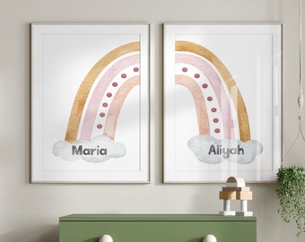 2x Personalized Nursery Sibling Poster with Name - Rainbow - Sister Brother - Birth Gift Boho Wall Hanging