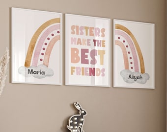 3x Affiche personnalisée de frères et sœurs de chambre d'enfant avec noms - Arc-en-ciel - Papier photo premium mat - Cadeau pour la naissance Boho Tenture murale