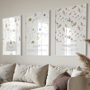 3x Islam Poster Set - Flower - Sabr Shukr Tawakkul Quran Verse - Wall Pictures Islamic Wall Art - Art Prints - Wall Decoration - Pictures Living Room