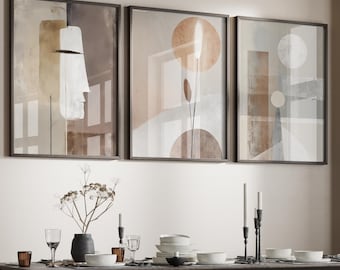 Set of 3 minimalist wall art posters, abstract shapes & lines, premium matte photo paper, neutral tones, boho design for the living room