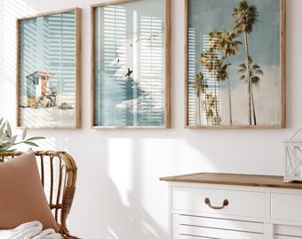 Set of 3 surf & beach posters, vintage beach art, premium matte photo paper, palm tree waves decoration, retro pictures summer vibes for the living room