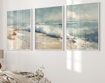 Set of 3 sea waves watercolor posters, natural coastal art, premium matte photo paper, beach & sea wall decoration, maritime living room pictures