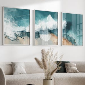 Juego de 3 pósteres de fotografía aérea de olas marinas, arte costero abstracto, papel fotográfico mate premium, decoración de pared de océano y arena, imágenes modernas para salas de estar.