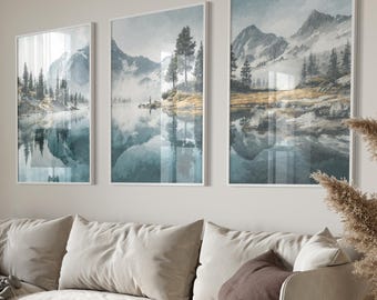 Set of 3 mountain lake watercolor posters, reflection nature art, premium matte photo paper, alpine landscape decoration, tranquil wall art living room - Print