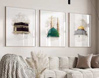 3x Islamic Art Poster Set - Islam Poster - Islamische Wandbilder - Kaaba - Masjid Nabawi - Al Aqsa Moschee - Wanddeko Bilder Wohnzimmer