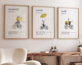 Set of 3 Pasta Posters – Spaghetti, Fusilli, Ravioli, Penne – Kitchen Wall Decor, Food Art Print, Modern Design, Premium Matte Photo Paper - Print