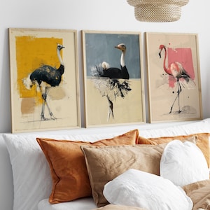Set di 3 poster artistici con fenicotteri e struzzi, decorazione da parete con illustrazioni di animali, carta fotografica opaca premium, immagini moderne di animali, decorazione per il soggiorno - Stampa