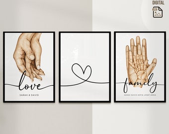 Numérique | 3x Affiches personnalisées avec noms - affiches familiales - aquarelle - décoration murale - affiche - mariage - amour - fichier JPG