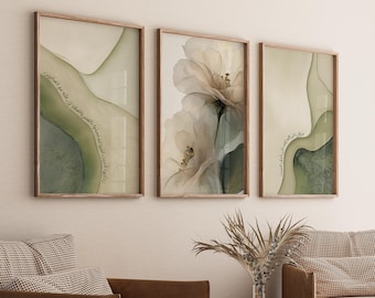 Set of 3 Islamic Art Posters - Quran Verses - Islamic Wall Art Calligraphy Botany - Living Room Wall Decor - Premium Paper