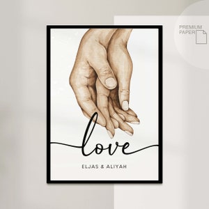 Póster de amor personalizado con nombre - Impresión de póster - Acuarela de acuarela - Decoración colgante de pared - Regalo de boda Parejas Imagen del Día de San Valentín