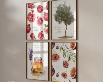 Set of 4 Islamic Art Posters - Quran Verses, Fig, Olive Tree, Pomegranate - Islamic Wall Art Calligraphy - Kitchen Wall Decor - Premium Paper