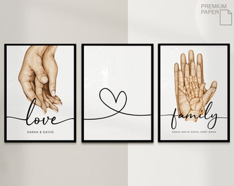 3x Personalisierte Poster mit Namen - Familienposter - Premium Fotopapier Matt - Watercolor - Wandbehang Deko - Familie - Plakat Kunstdrucke