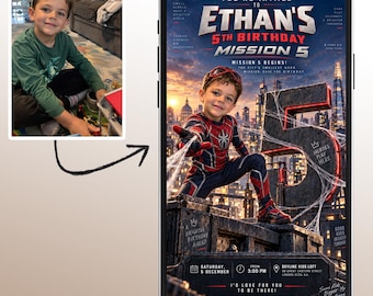 Digital children's birthday invitation with photo, personalized invitation card for WhatsApp - baby shower, birthday card, football, Spiderman, unicorn
