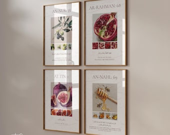Set of 4 Islamic Art Posters - Quran Verses, Fig, Olive Tree, Pomegranate - Islamic Wall Art, Calligraphy - Kitchen Wall Decor - Premium Paper
