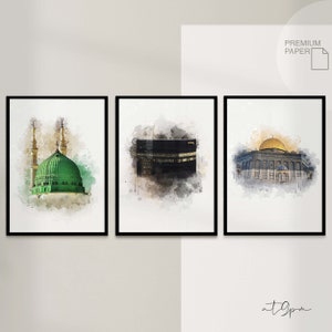 3x Islam Poster Set - Watercolor - Islamic Wall Art - Islamic Wall Art - Art Prints - Wall Decoration - Pictures Living Room - Kaaba Aqsa Nabawi