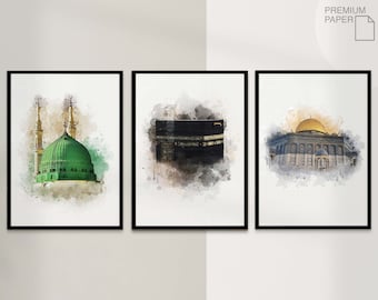 3x Islam Poster Set - Watercolor - Islamic Wall Art - Islamic Wall Art - Art Prints - Wall Decoration - Pictures Living Room - Kaaba Aqsa Nabawi