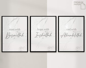 3x Islamic Art Poster Set - Marble Design Islamic Wall Art - Wall Decor Pictures Living Room Wall Hanging - Bismillah Inshallah Alhamdulillah