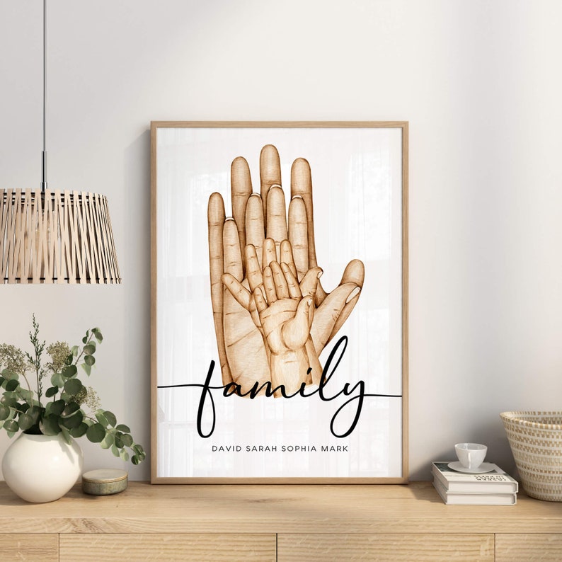 May include: A framed print with a white background and a drawing of four hands in a stack. The hands are brown and the drawing is in a watercolor style. The word "family" is written in black cursive script below the hands. The names "David, Sarah, Sophia, Mark" are written in black below the word "family".
