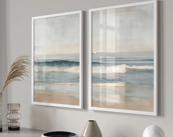 Set of 2 Wave Posters, Sea Coastal Wall Art, Premium Matte Photo Paper, Minimalist Ocean Pictures, Sand & Waves Art for Living Room