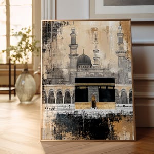 May include: A black and white illustration of a mosque with a gold dome and minarets. The mosque is surrounded by a courtyard with people walking around. The image has a grunge effect with a brown and gold background.