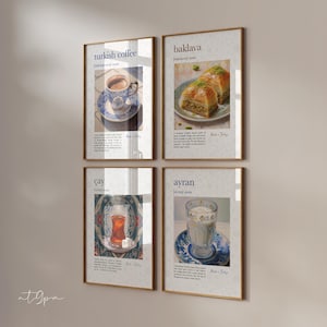 Set di 4 poster da cucina - Arte murale da bar con stampa tradizionale turca - Caffè Cay Tea Baklava - Immagini murali islamiche - Decorazione murale Carta premium