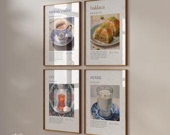 Lot de 4 affiches de cuisine - Impression turque traditionnelle Art mural de bar - Café Cay Tea Baklava - Images murales islamiques - Décoration murale Papier de qualité supérieure