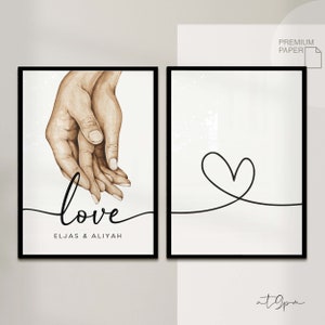 2x Personalized Love Poster Set with Name - Poster Print Watercolor Watercolor - Wall Decoration Love - Wedding Gift Couples Valentine's Day Picture