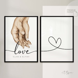 2x Personalized Love Poster Set with Name - Poster Print Watercolor Watercolor - Wall Decoration Love - Wedding Gift Couples Valentine's Day Picture