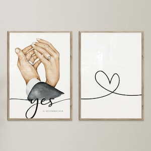 2x conjunto de pôster personalizado sim amor com nome data - aquarela aquarela - decoração de parede amor - presente de casamento para casais imagem do dia dos namorados