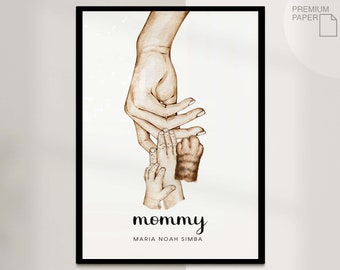Affiche de maman et patte de chat avec nom Impression d’affiche - Aquarelle Aquarelle - Décoration murale - Famille - Affiches d’art Photo - Fête des mères