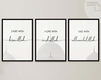 Set of 3 Islam Posters - Islam Wall Art - Bismillah Poster Set - Pictures Living Room - Premium Decoration - Wall Hanging Art Print Islamic Poster