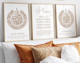Set of 3 posters - Islamic art calligraphy prints - decorative pictures for the living room - wall hanging - Quran Surah Nas Falaq Ayat Al Kursi - Premium Paper
