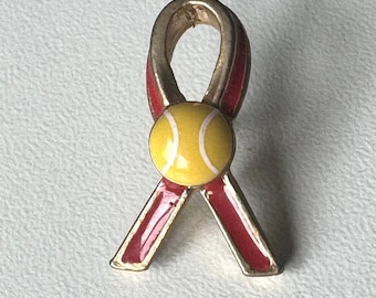 Rare tennis charity enamel pin – red ribbon with tennis ball
