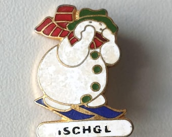 Vintage Ischgl Ski Brooch – Comic Snowman Souvenir 80s