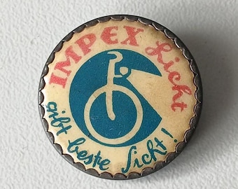 IMPEX Light brooch – 1930s celluloid advertising brooch “IMPEX Licht gibt beste Sicht!” with DRGM Tweer & Turck