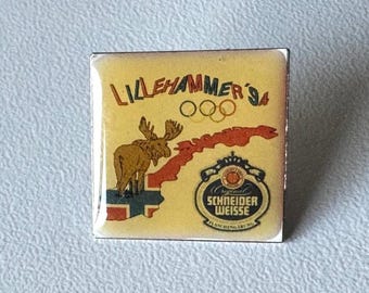 Original Schneider Weisse Lillehammer ’94 Olympic Rings Sponsor Pin – Vintage Collector Badge Germany