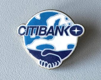 Citibank logo pin 1990s – foil‑finished banking pin with globe and handshake, original corporate collectible