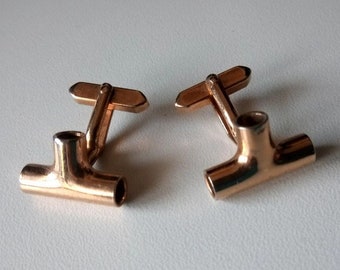 Vintage Craftsman Cufflinks – Tee Pipe Motif – Gold Plated 80s with Box