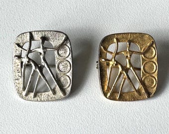 1960s sports brooch – abstract gymnastics/dance figures, B.H. Mayer Pforzheim, silver or gold