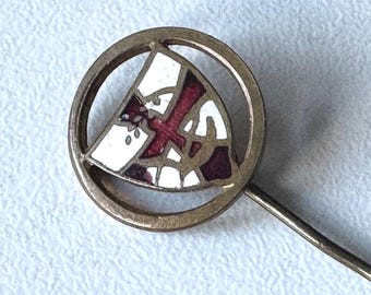 Fire‑Enamel Stickpin – Heraldic Cross with Olive Branch & Bird, 1960s