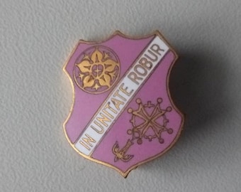 In Unitate Robur = strength in unity pink coat of arms brooch lapel pin enamelled 1930s