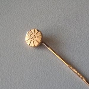 Może przedstawiać: Złota szpilka z okrągłym, fakturowanym wzorem. Szpilka zawiera stylizowany symbol i tekst "Round Table Luxembourg Member Pin Gold Plated ~1980s".