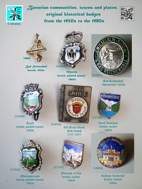 Bavarian communities, towns and places, historical landsacpe souvenir badges from the 1950s to the 1980s