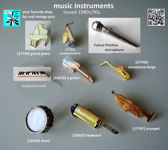 Music Instruments Pins Piano, saxophone, microphone, keyboard, electric guitar, drum, trumpet - select while there