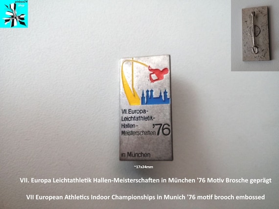 VII European Athletics Indoor Championships in Munich '76 motif brooch embossed