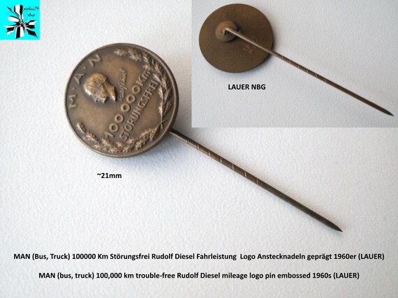 MAN (bus, truck) 100,000 km trouble-free Rudolf Diesel mileage logo pin embossed 1960s (LAUER)