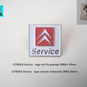 May include: A white and red enamel pin with the Citroen logo and the word "Service" in black lettering. The pin is 20 mm in size and is embossed with the Citroen logo.