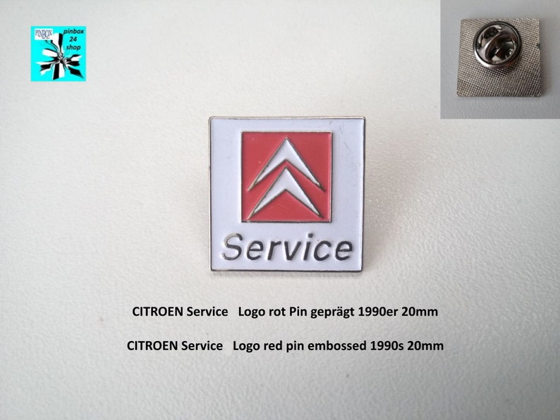May include: A white and red enamel pin with the Citroen logo and the word "Service" in black lettering. The pin is 20 mm in size and is embossed with the Citroen logo.