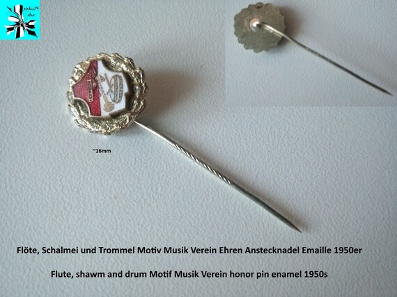 Flute, shawm and drum Motif Music Society honor pin enamel 1950s