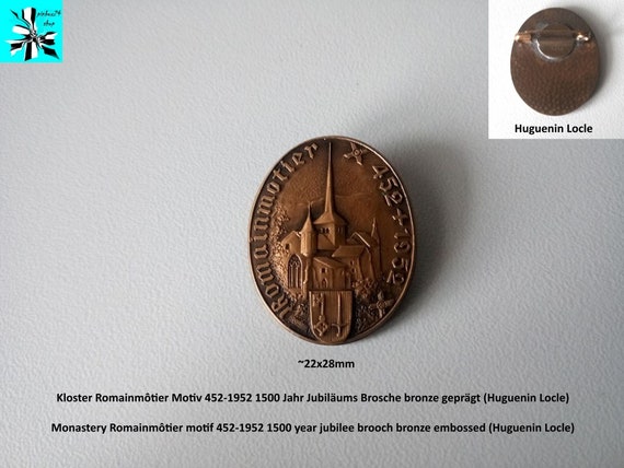 Monastery Romainmôtier motif 452-1952 1500 year jubilee brooch bronze embossed (Huguenin Locle)